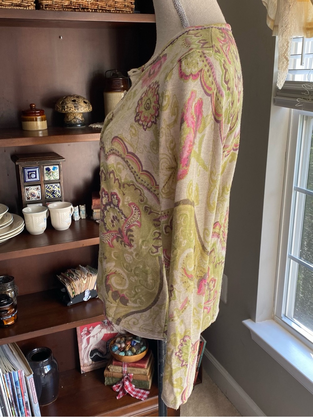Sigrid Olsen Paisley Button-Front Long Sleeve Cardigan, in Green-Pink M EUC - Picture 9 of 14